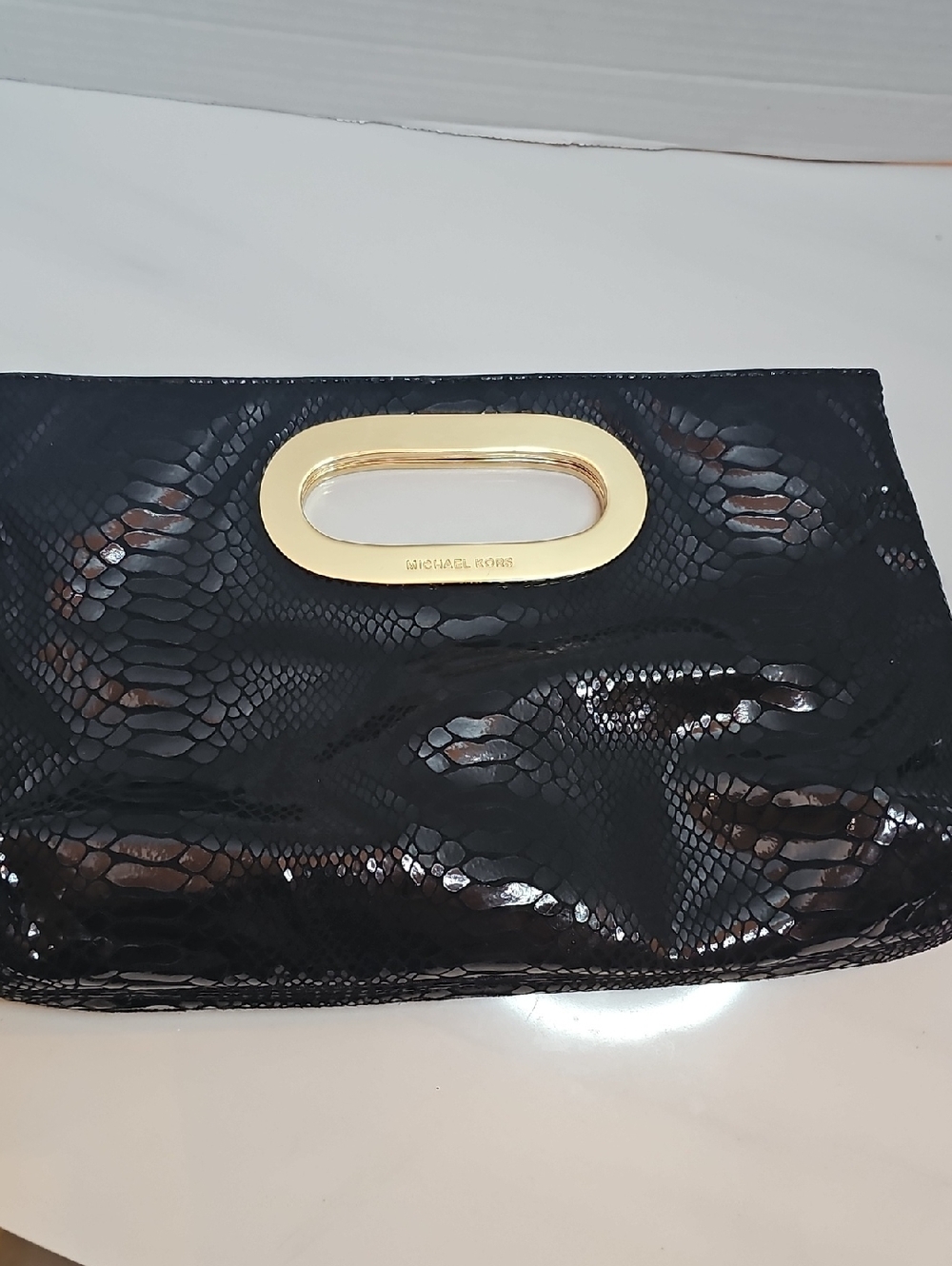 Michael Kors Black Patent Snake-Embossed Clutch with Gold Accent Handle